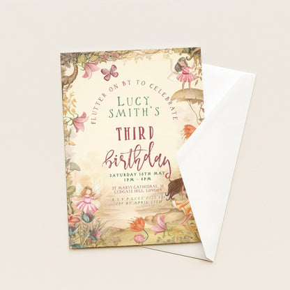 3rd Birthday Invitation Fairy Theme, Girls Fairy Party Invite, Magical Woodland Birthday, Kids Editable Template FY25
