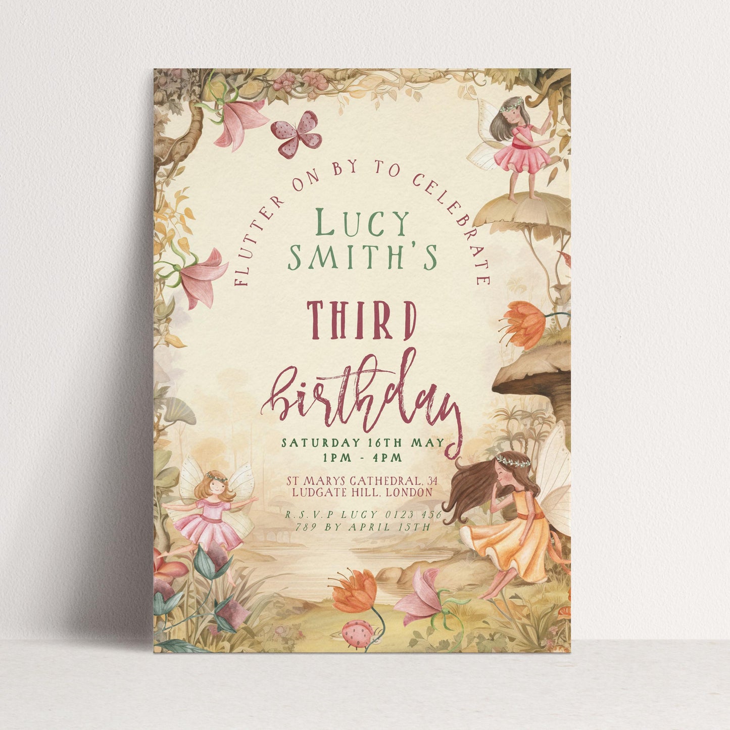 3rd Birthday Invitation Fairy Theme, Girls Fairy Party Invite, Magical Woodland Birthday, Kids Editable Template FY25