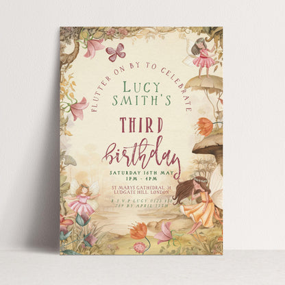 3rd Birthday Invitation Fairy Theme, Girls Fairy Party Invite, Magical Woodland Birthday, Kids Editable Template FY25