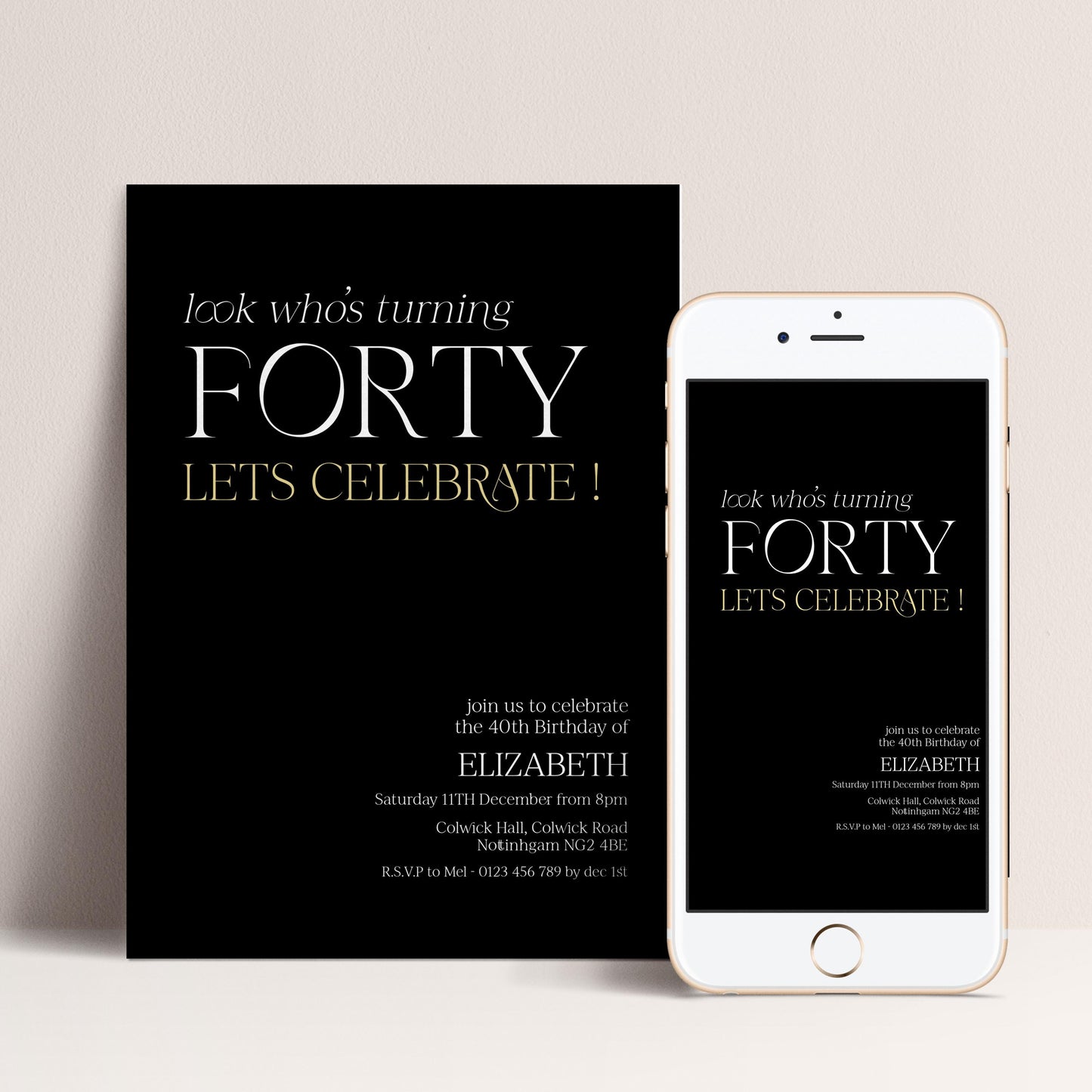 40th Birthday Invitation Woman, Look Who’s Turning Forty Invite, Black Gold Birthday Invite, Editable Corjl Template