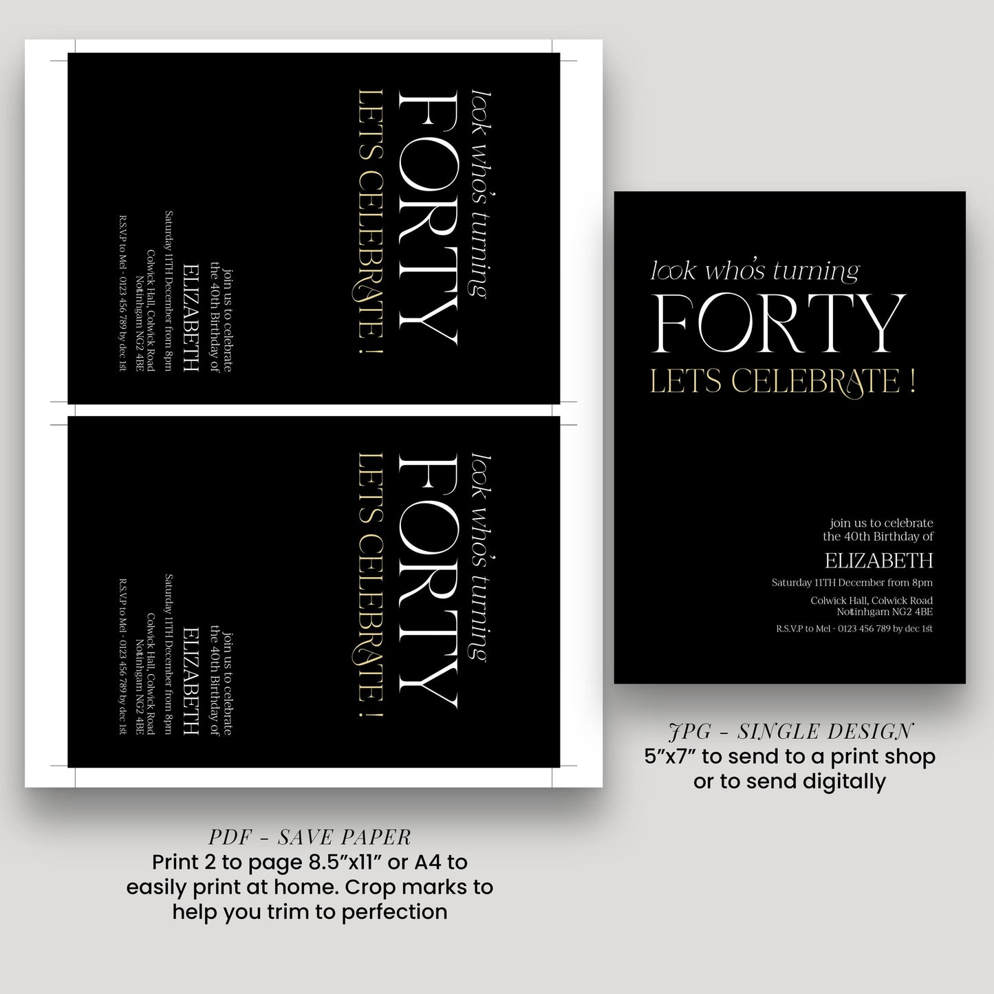 40th Birthday Invitation Woman, Look Who’s Turning Forty Invite, Black Gold Birthday Invite, Editable Corjl Template