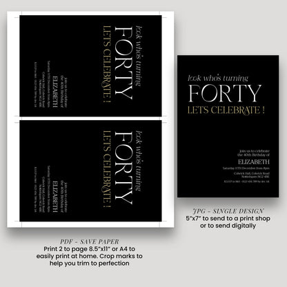 40th Birthday Invitation Woman, Look Who’s Turning Forty Invite, Black Gold Birthday Invite, Editable Corjl Template