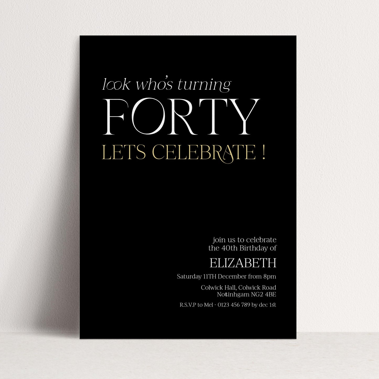 40th Birthday Invitation Woman, Look Who’s Turning Forty Invite, Black Gold Birthday Invite, Editable Corjl Template