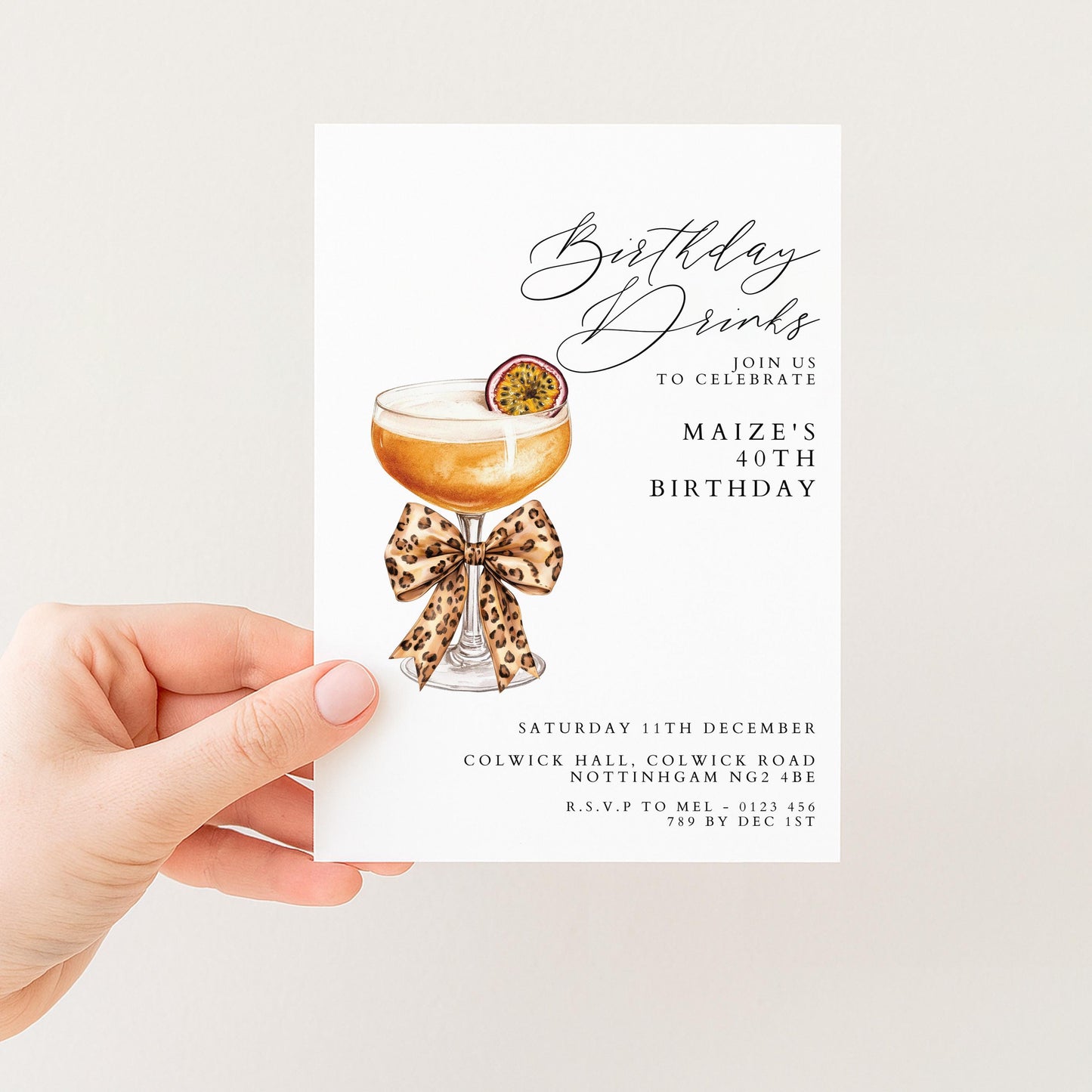 40th Birthday Drinks Invitation, Cocktail Party Invite, Leopard Bow Birthday Invite, Glam 40th Birthday, Editable Corjl