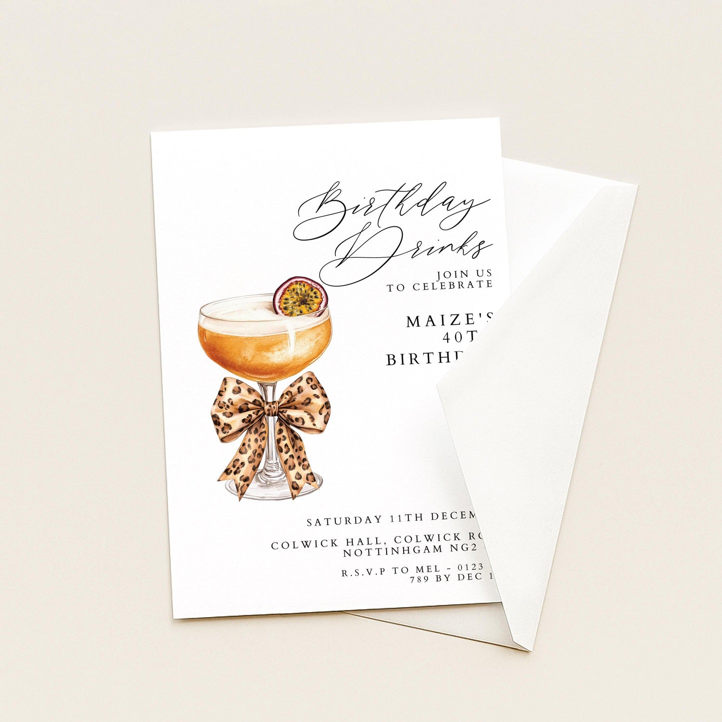 40th Birthday Drinks Invitation, Cocktail Party Invite, Leopard Bow Birthday Invite, Glam 40th Birthday, Editable Corjl