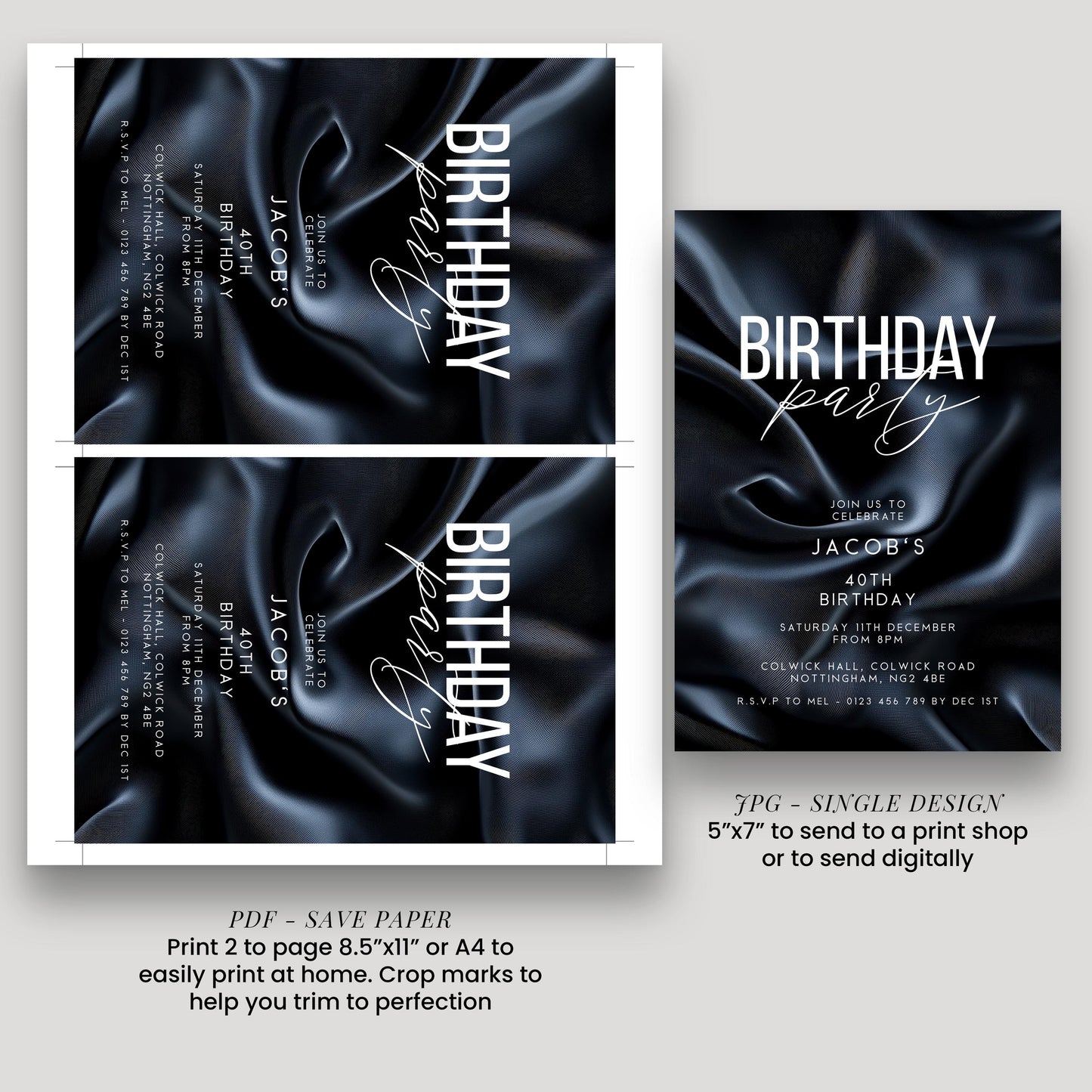 40th Birthday Invitation, Editable Black Party Invite, Men's Adult Invitation Template, Forty Birthday Printable Template