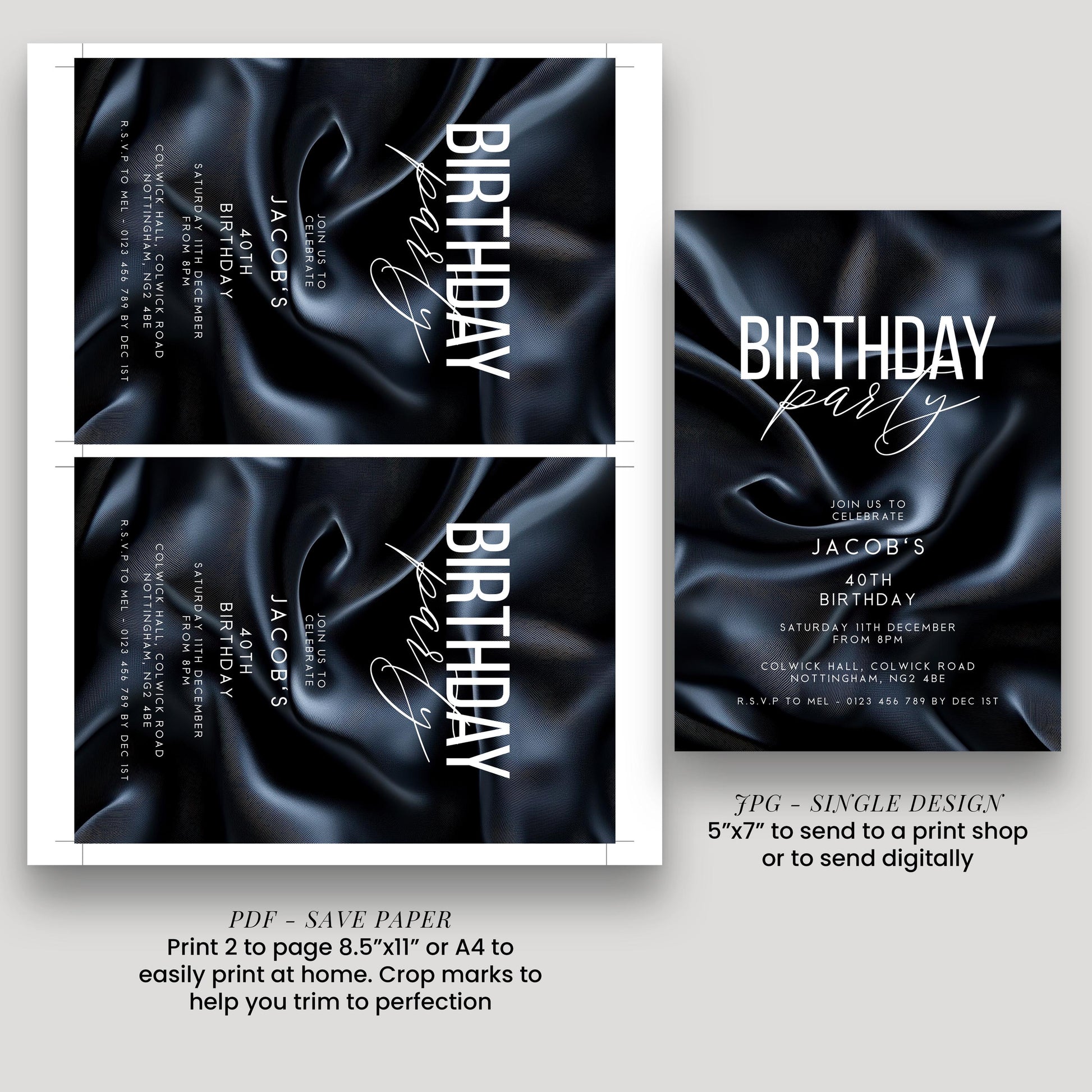 40th Birthday Invitation, Editable Black Party Invite, Men's Adult Invitation Template, Forty Birthday Printable Template