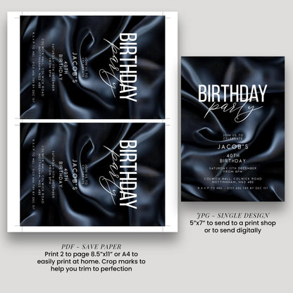 40th Birthday Invitation, Editable Black Party Invite, Men's Adult Invitation Template, Forty Birthday Printable Template