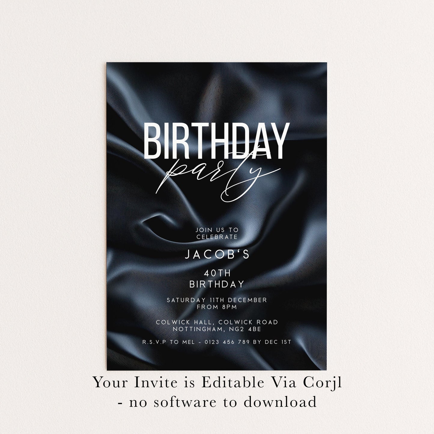 40th Birthday Invitation, Editable Black Party Invite, Men's Adult Invitation Template, Forty Birthday Printable Template