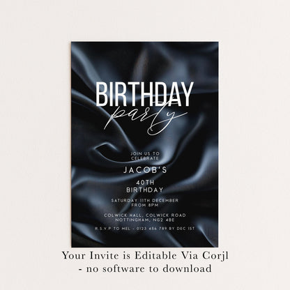 40th Birthday Invitation, Editable Black Party Invite, Men's Adult Invitation Template, Forty Birthday Printable Template