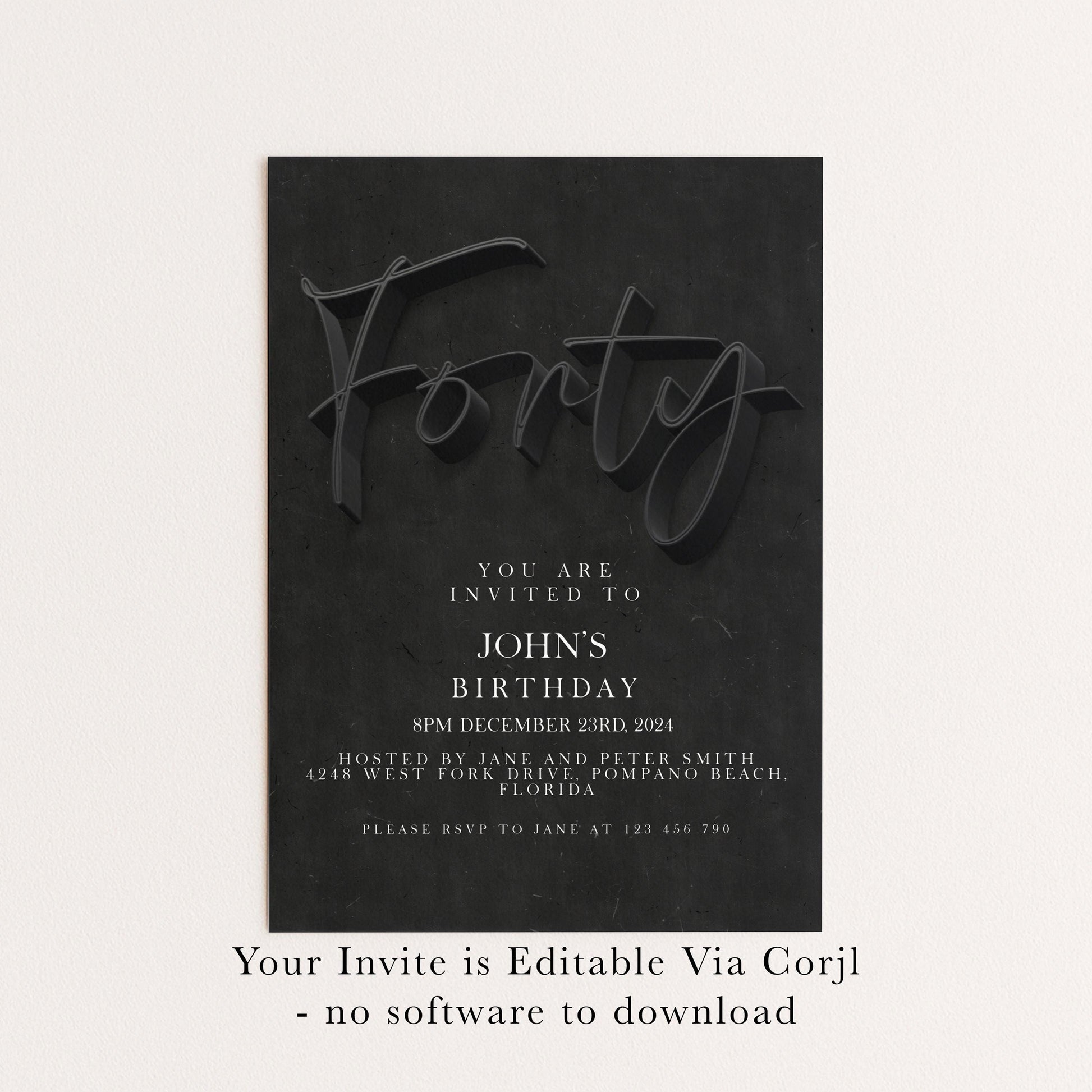 40th Birthday Invitation Editable 40th invite Black invitation Simple Elegant For Him or Her Instant Download Printable SE19