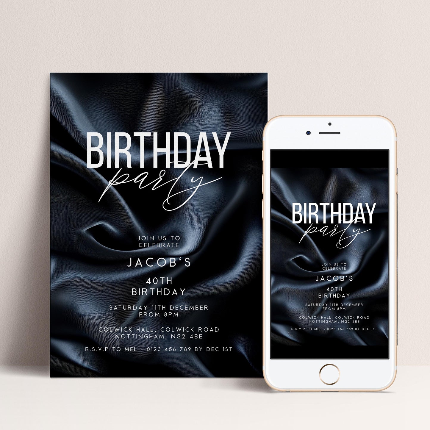 40th Birthday Invitation, Editable Black Party Invite, Men's Adult Invitation Template, Forty Birthday Printable Template