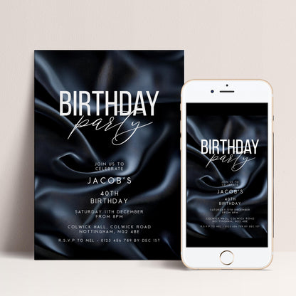 40th Birthday Invitation, Editable Black Party Invite, Men's Adult Invitation Template, Forty Birthday Printable Template