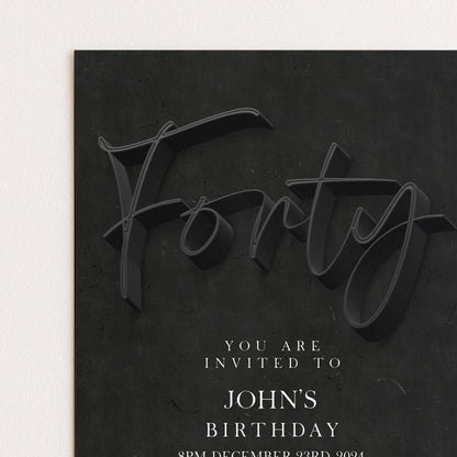 40th Birthday Invitation Black Minimalist, Modern Typography Party Invite, Elegant Adult Birthday, Editable Template SE19