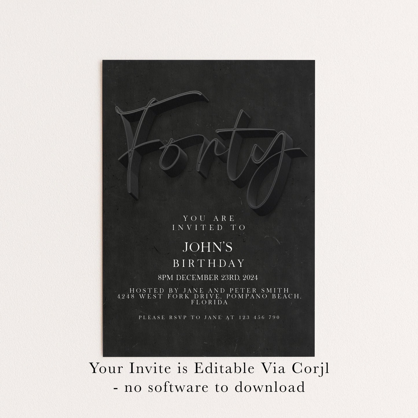 40th Birthday Invitation Black Minimalist, Modern Typography Party Invite, Elegant Adult Birthday, Editable Template SE19