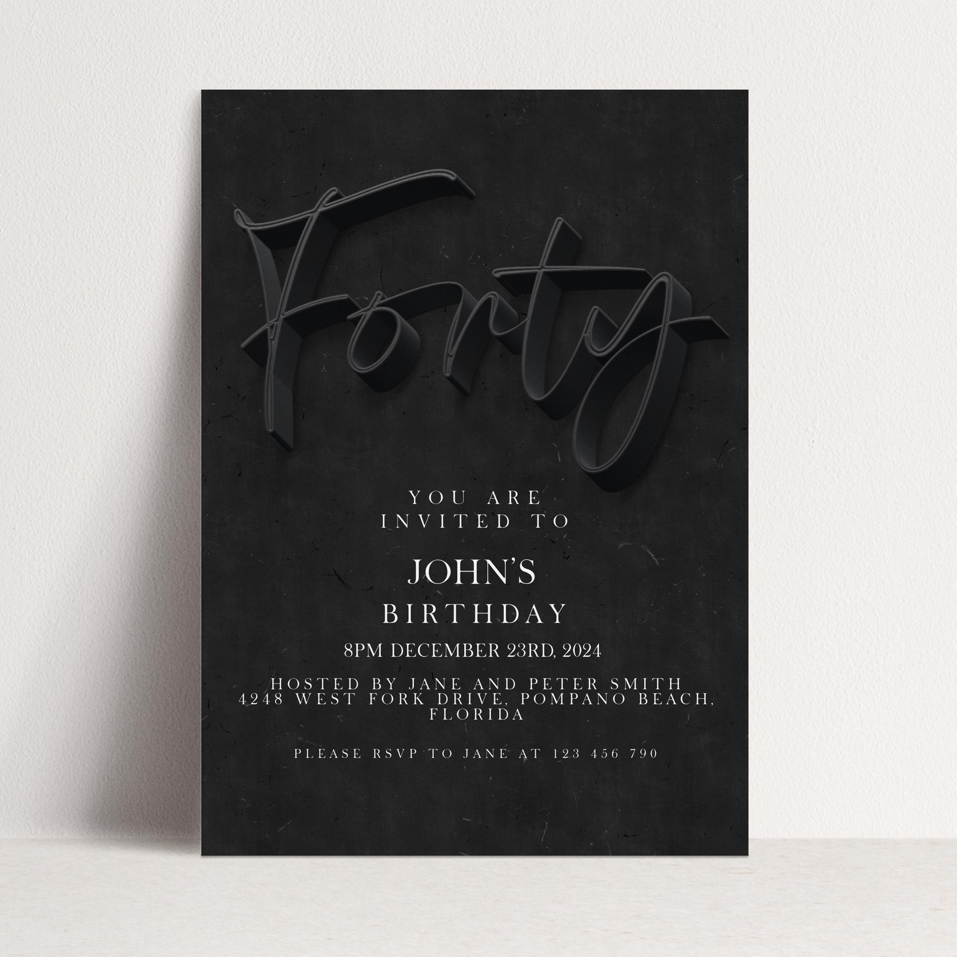 40th Birthday Invitation Black Minimalist, Modern Typography Party Invite, Elegant Adult Birthday, Editable Template SE19