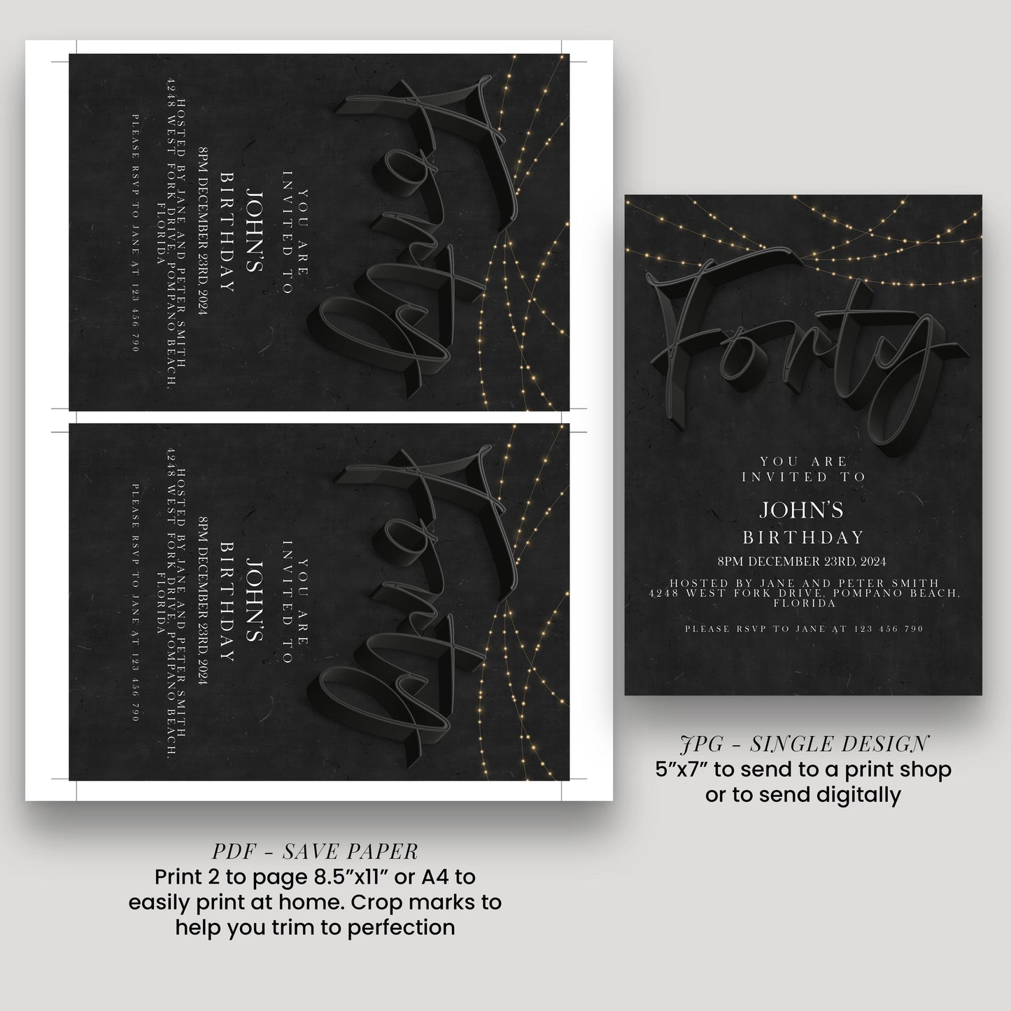 40th Birthday Invitation Template for Him, Black Party Printable Template Simple Editable Digital Download SE19