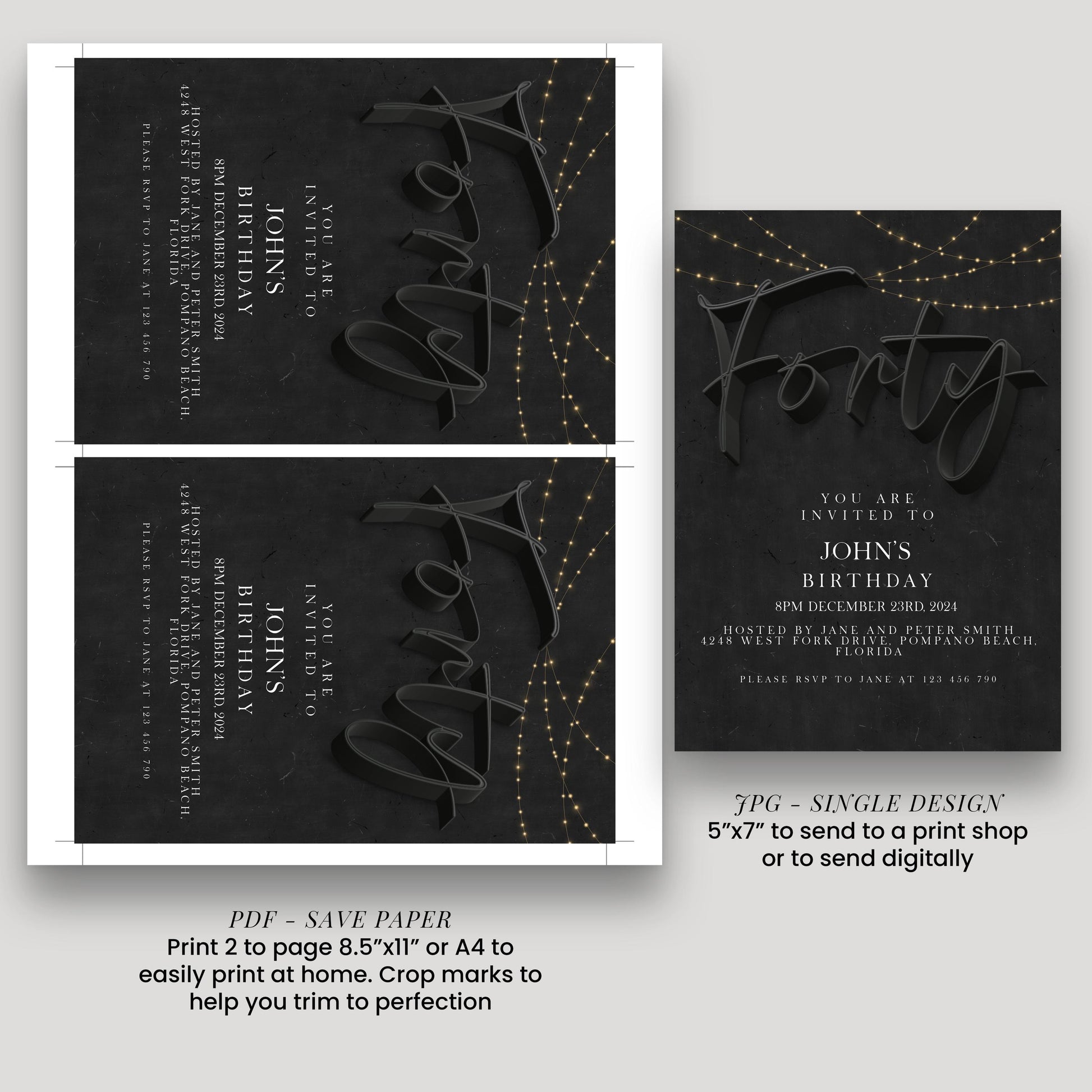 40th Birthday Invitation Template for Him, Black Party Printable Template Simple Editable Digital Download SE19
