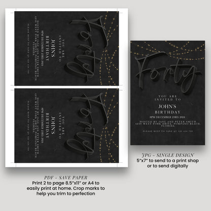 40th Birthday Invitation Template for Him, Black Party Printable Template Simple Editable Digital Download SE19
