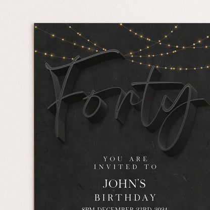 40th Birthday Invitation Template for Him, Black Party Printable Template Simple Editable Digital Download SE19