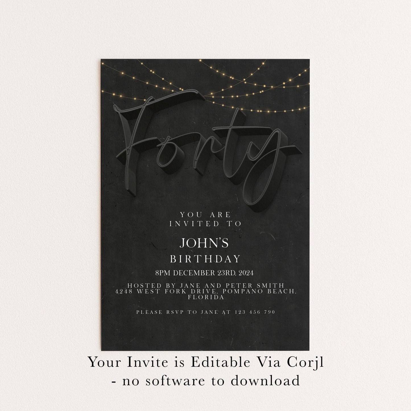 40th Birthday Invitation Template for Him, Black Party Printable Template Simple Editable Digital Download SE19