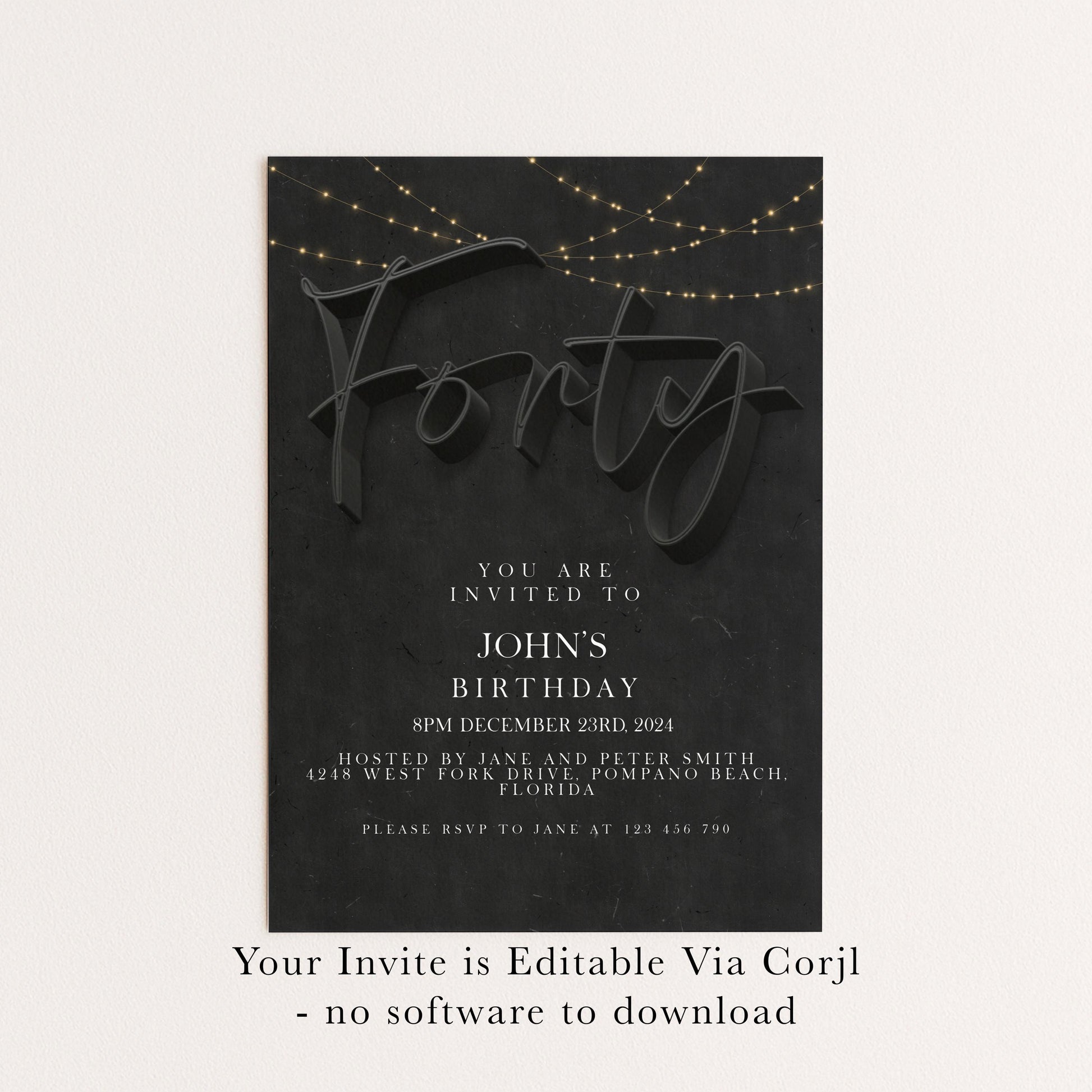 40th Birthday Invitation Template for Him, Black Party Printable Template Simple Editable Digital Download SE19