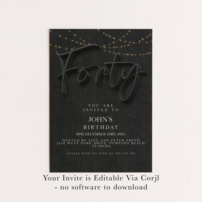 40th Birthday Invitation Template for Him, Black Party Printable Template Simple Editable Digital Download SE19