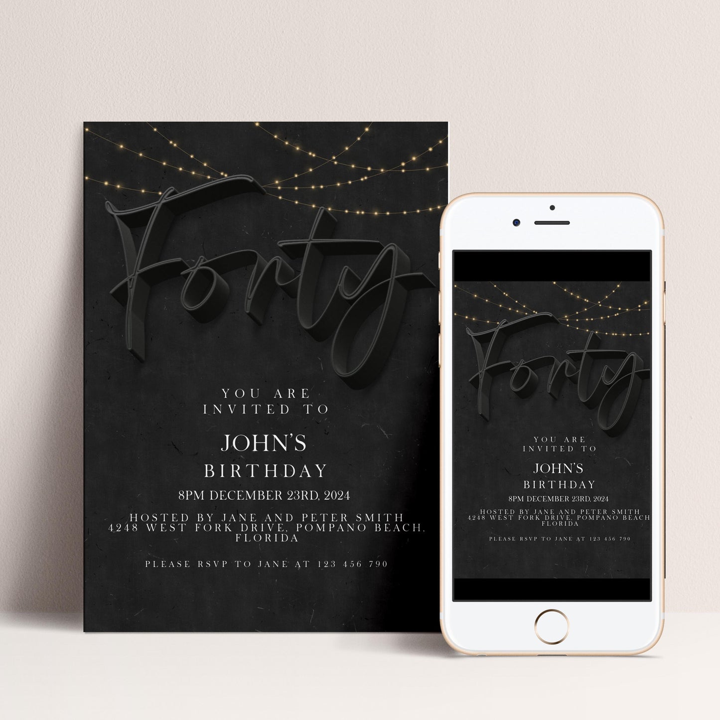 40th Birthday Invitation Template for Him, Black Party Printable Template Simple Editable Digital Download SE19