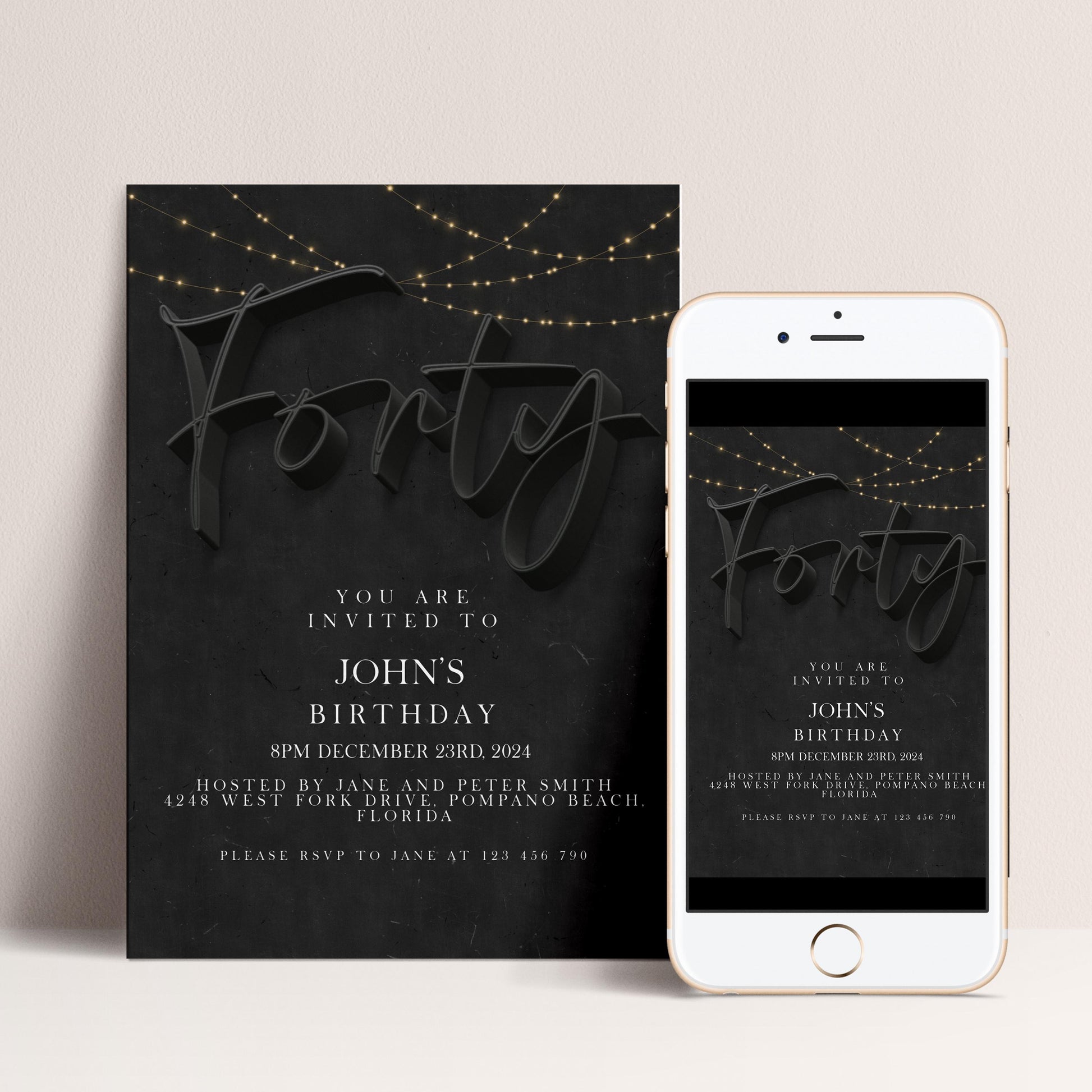 40th Birthday Invitation Template for Him, Black Party Printable Template Simple Editable Digital Download SE19