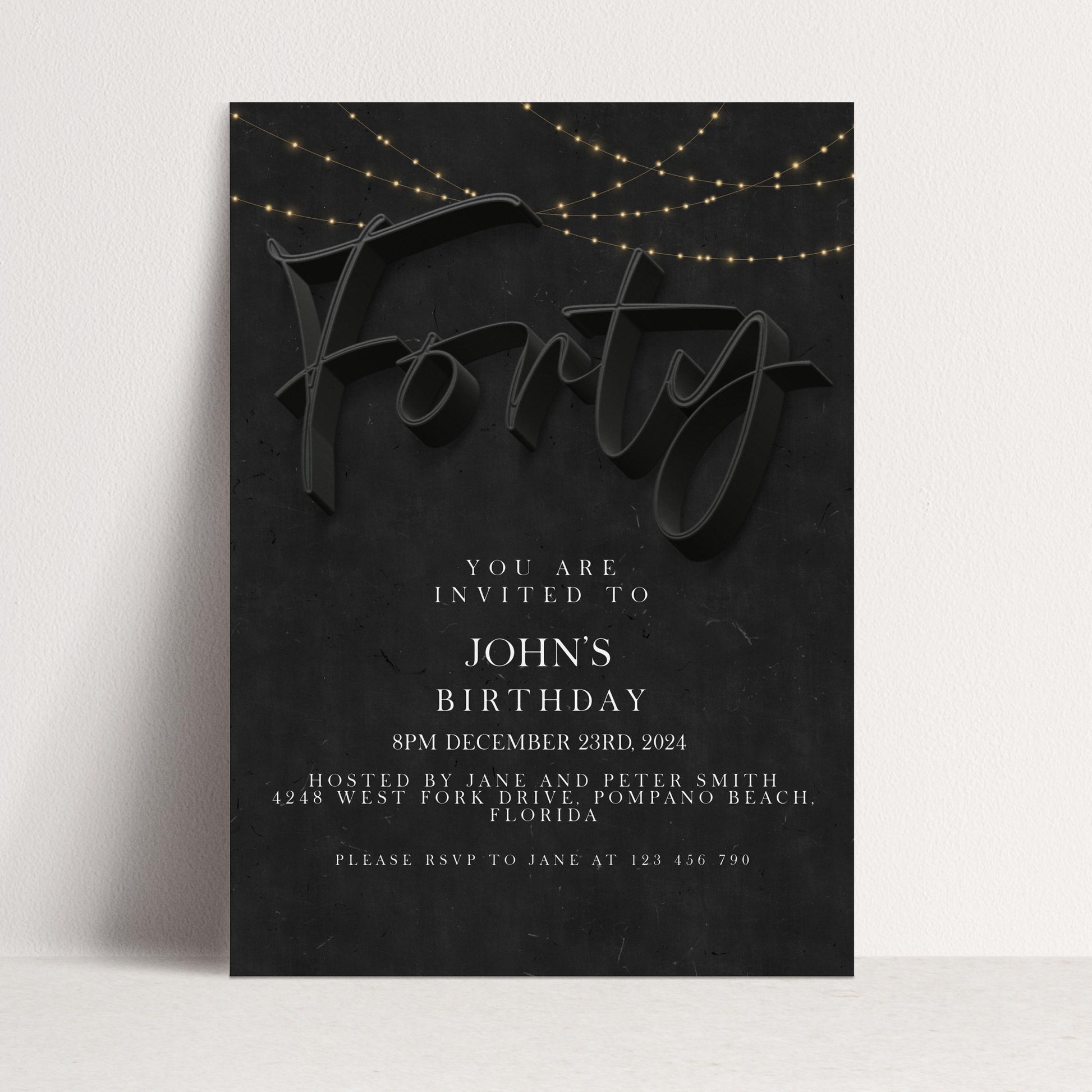 40th Birthday Invitation Template for Him, Black Party Printable Template Simple Editable Digital Download SE19