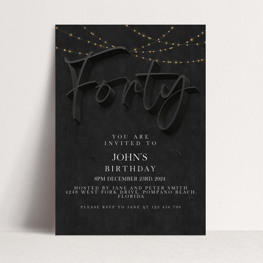 40th Birthday Invitation Template for Him, Black Party Printable Template Simple Editable Digital Download SE19