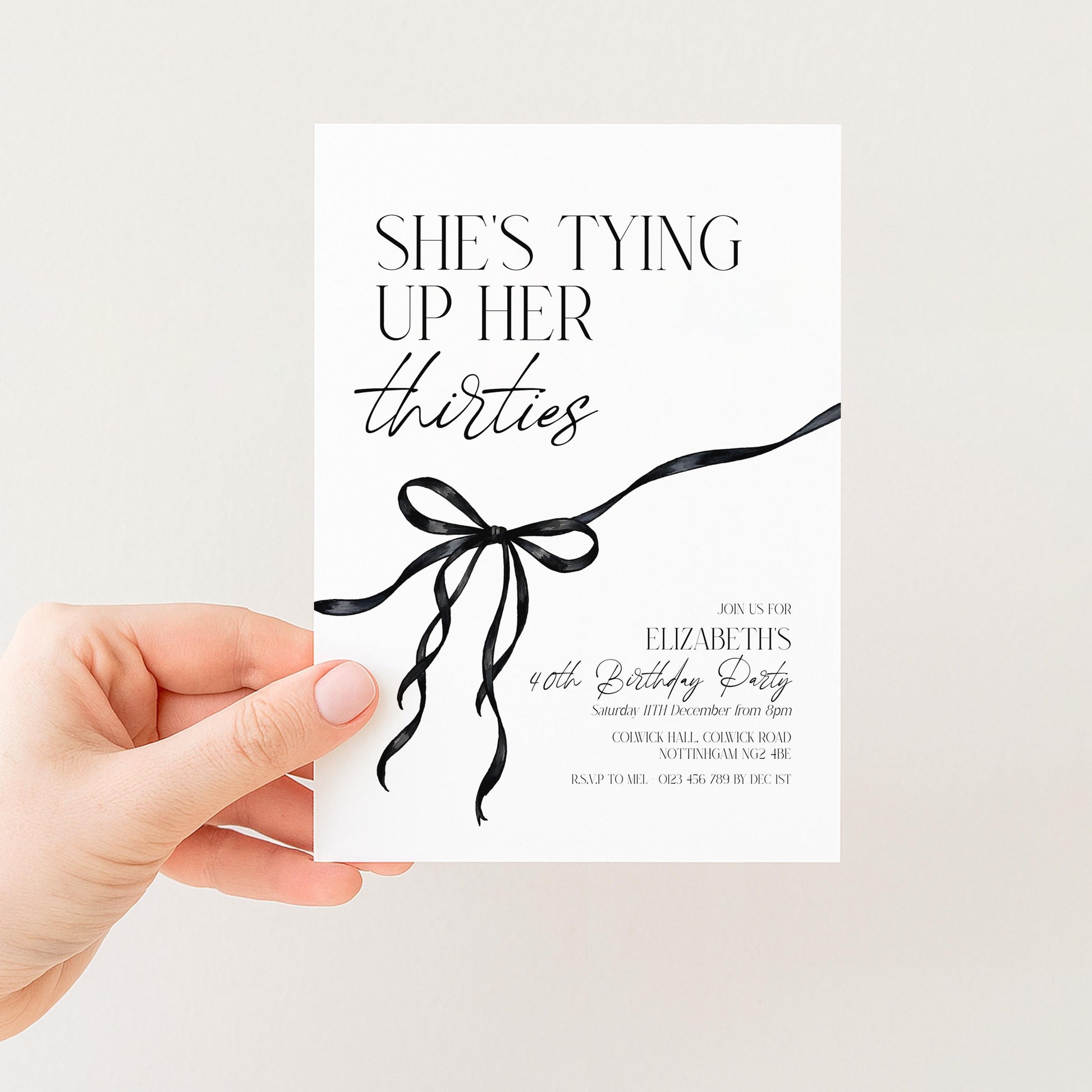 40th Birthday Invitation, Editable Tying Up Her Thirties Invite, Women's Adult Invitation Template, Black Bow Birthday Printable Template