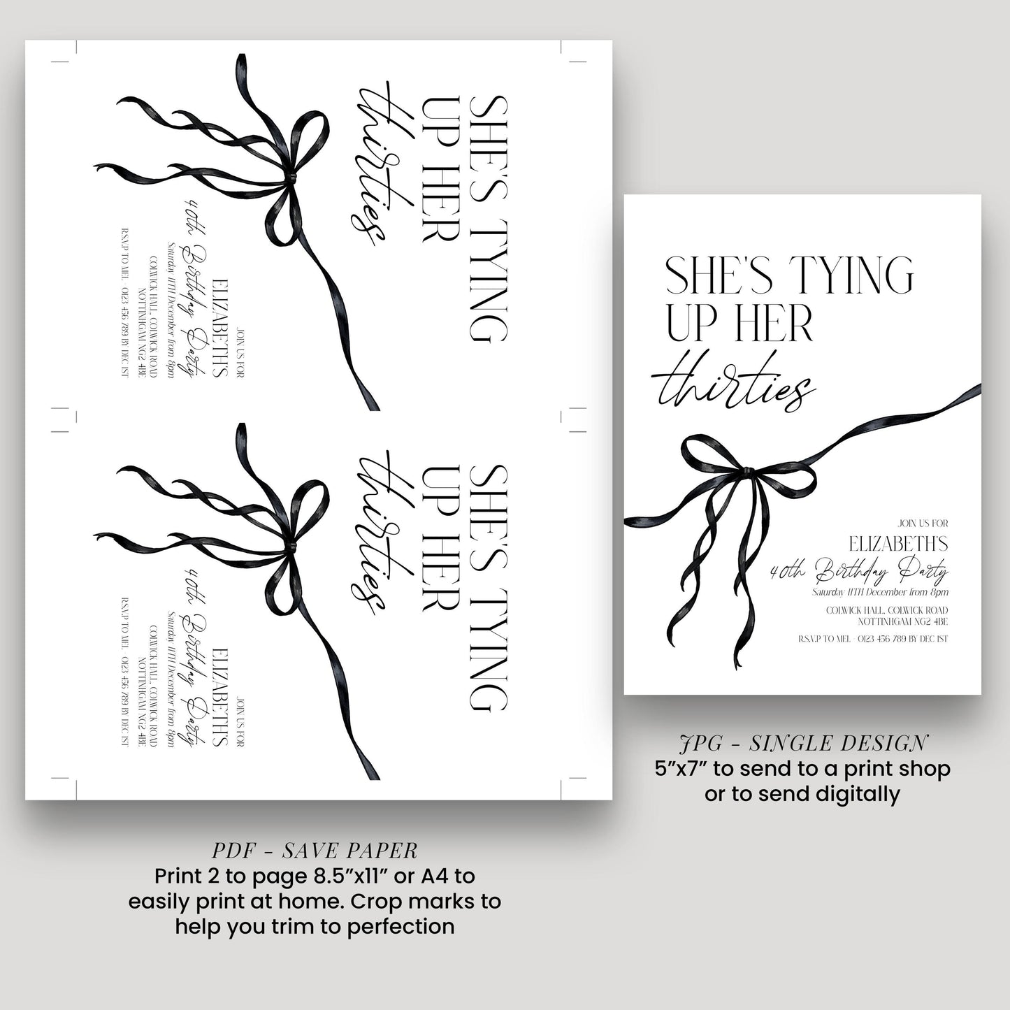 40th Birthday Invitation, Editable Tying Up Her Thirties Invite, Women's Adult Invitation Template, Black Bow Birthday Printable Template