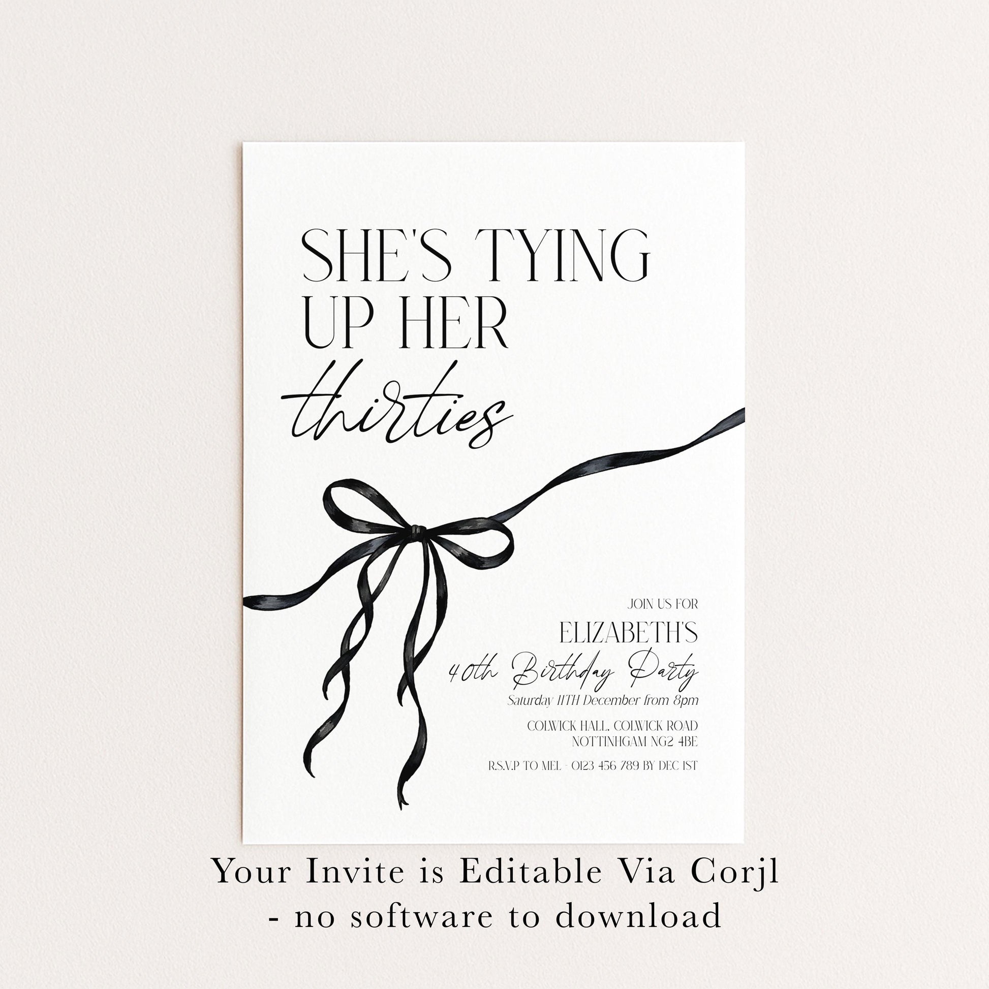 40th Birthday Invitation, Editable Tying Up Her Thirties Invite, Women's Adult Invitation Template, Black Bow Birthday Printable Template