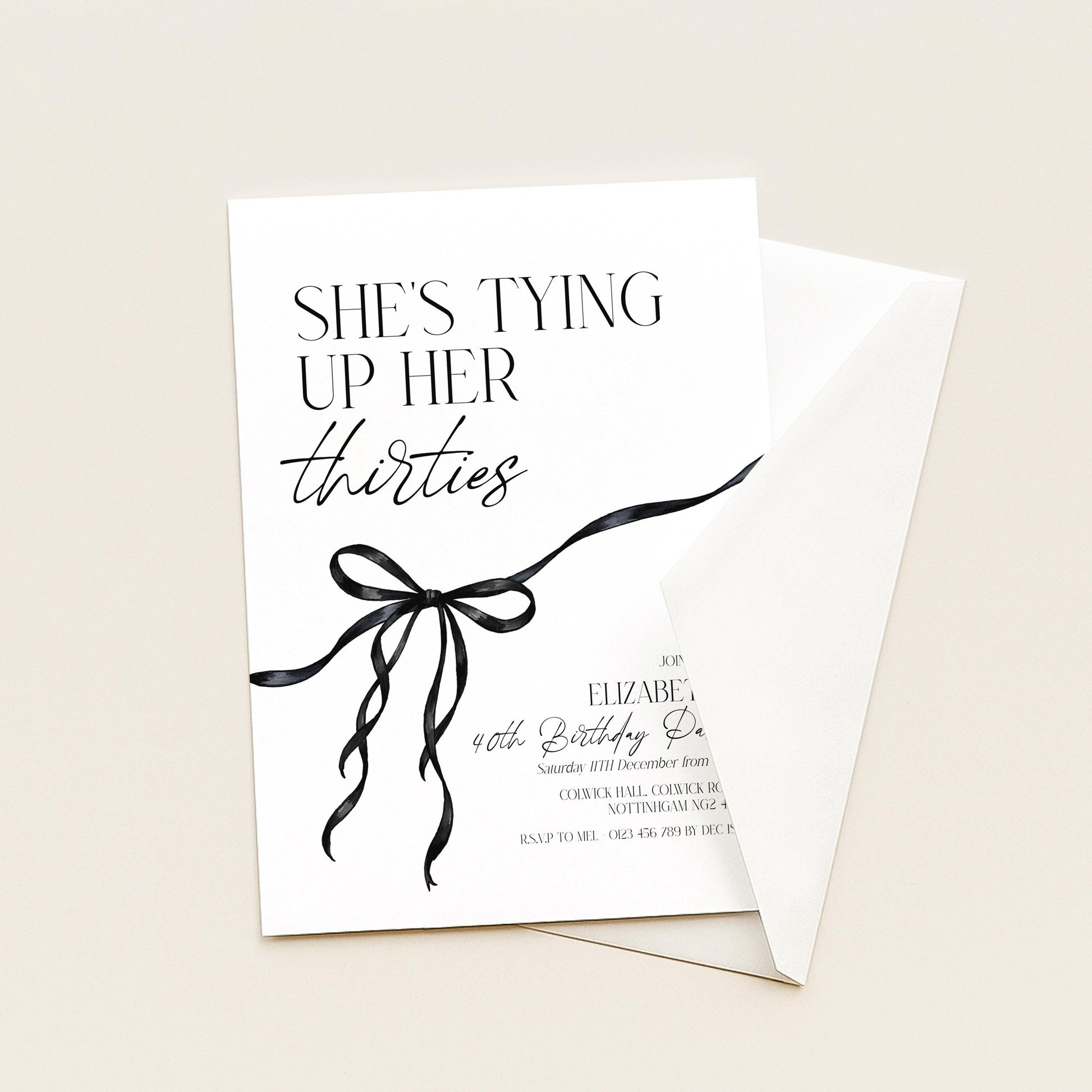 40th Birthday Invitation, Editable Tying Up Her Thirties Invite, Women's Adult Invitation Template, Black Bow Birthday Printable Template