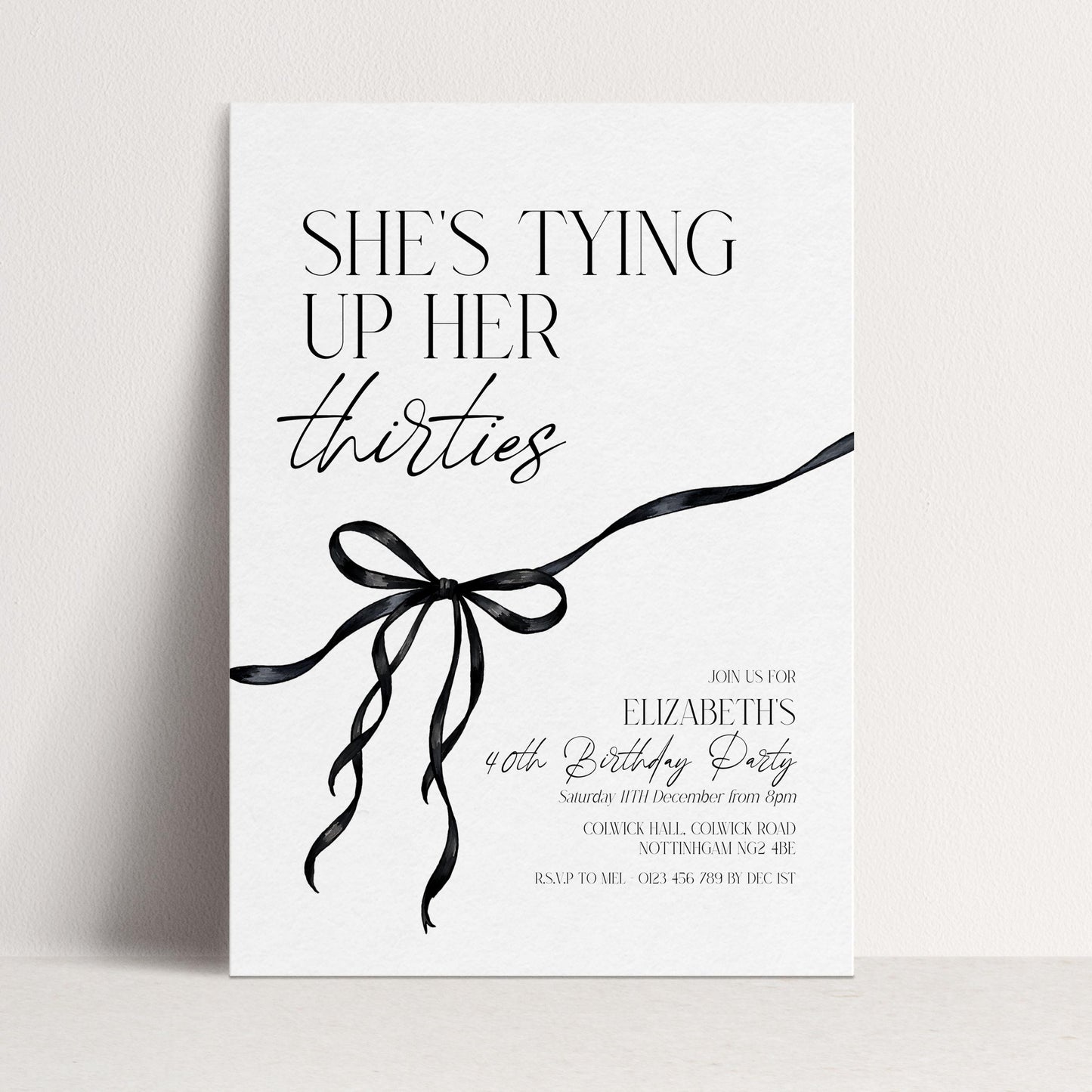 40th Birthday Invitation, Editable Tying Up Her Thirties Invite, Women's Adult Invitation Template, Black Bow Birthday Printable Template