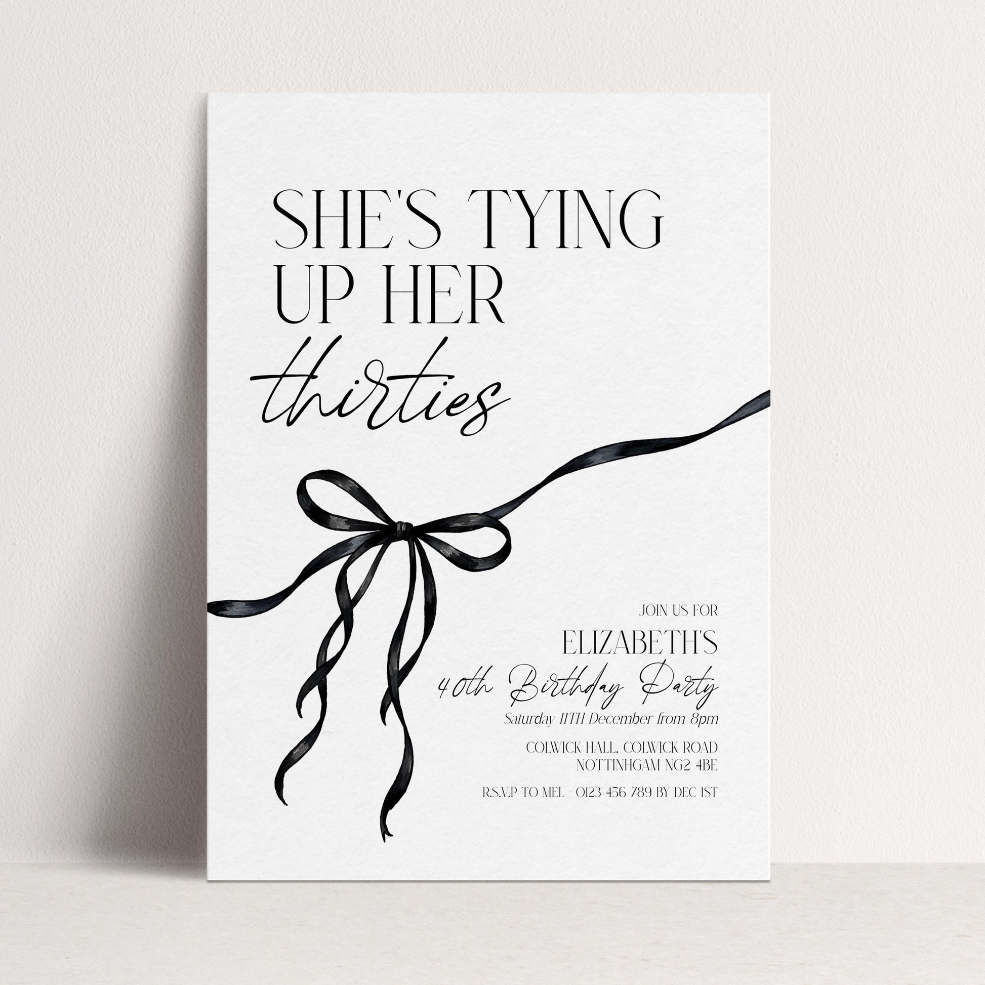 40th Birthday Invitation, Editable Tying Up Her Thirties Invite, Women's Adult Invitation Template, Black Bow Birthday Printable Template