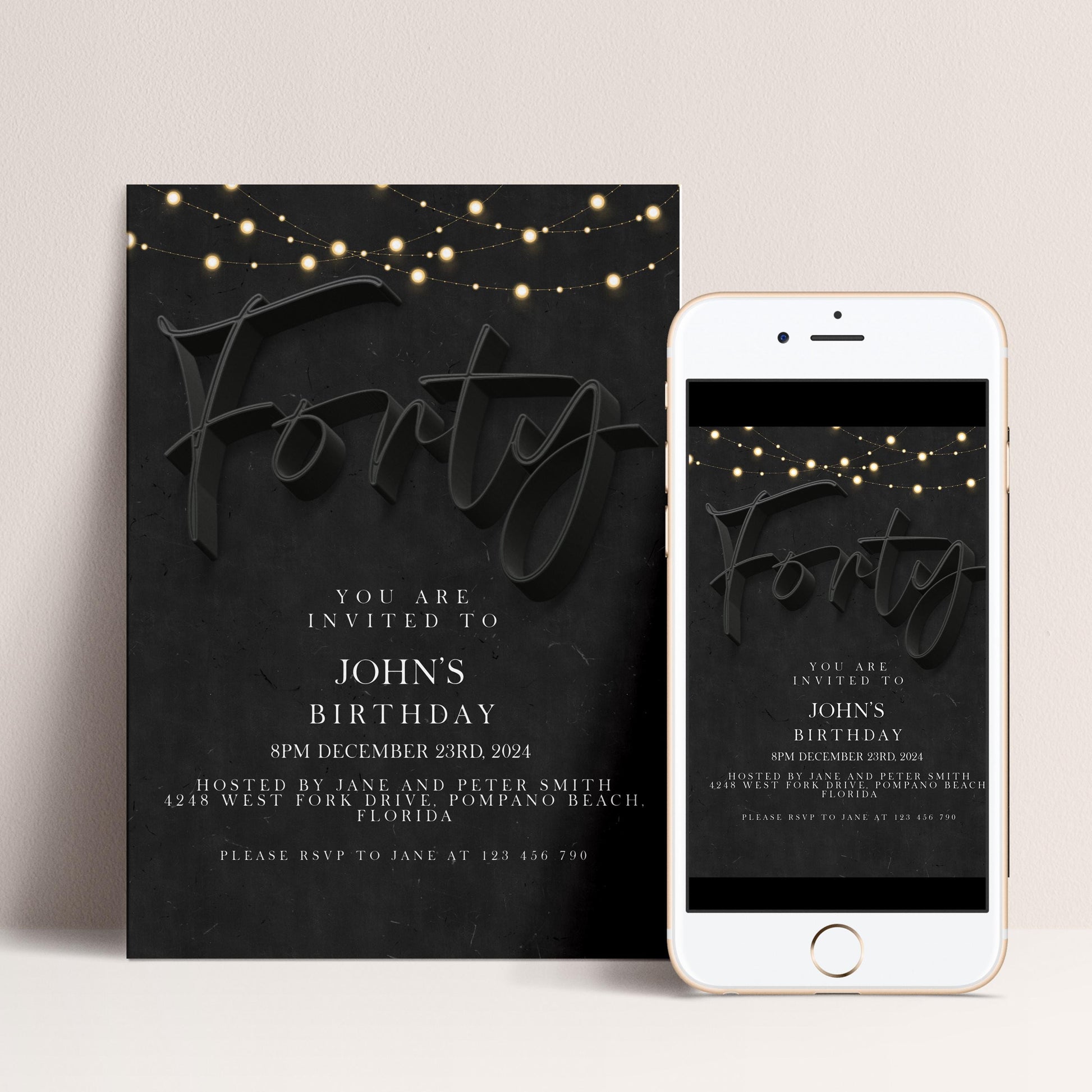 40th Birthday Invitation For Men, Editable Party Invite Template Black Simple Invitation Party Instant Download Printable SE19