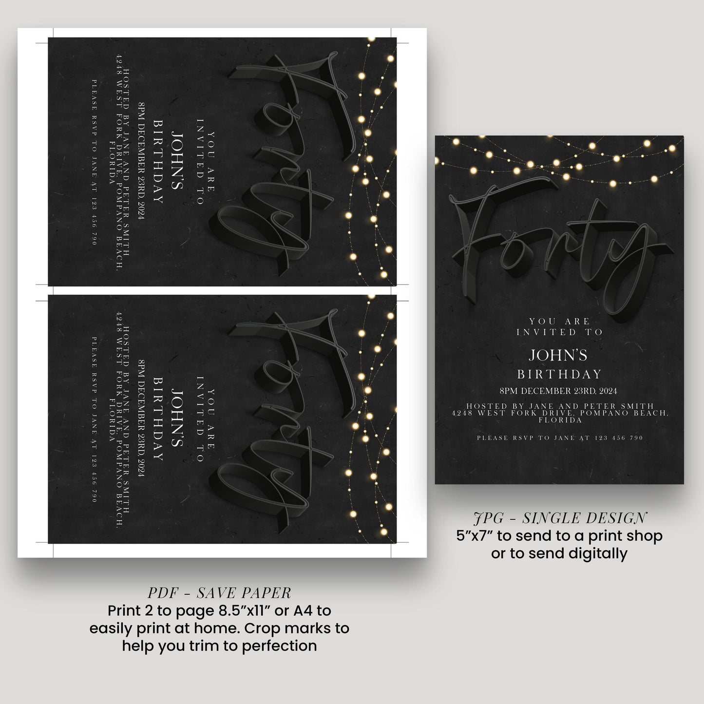 40th Birthday Invitation For Men, Editable Party Invite Template Black Simple Invitation Party Instant Download Printable SE19