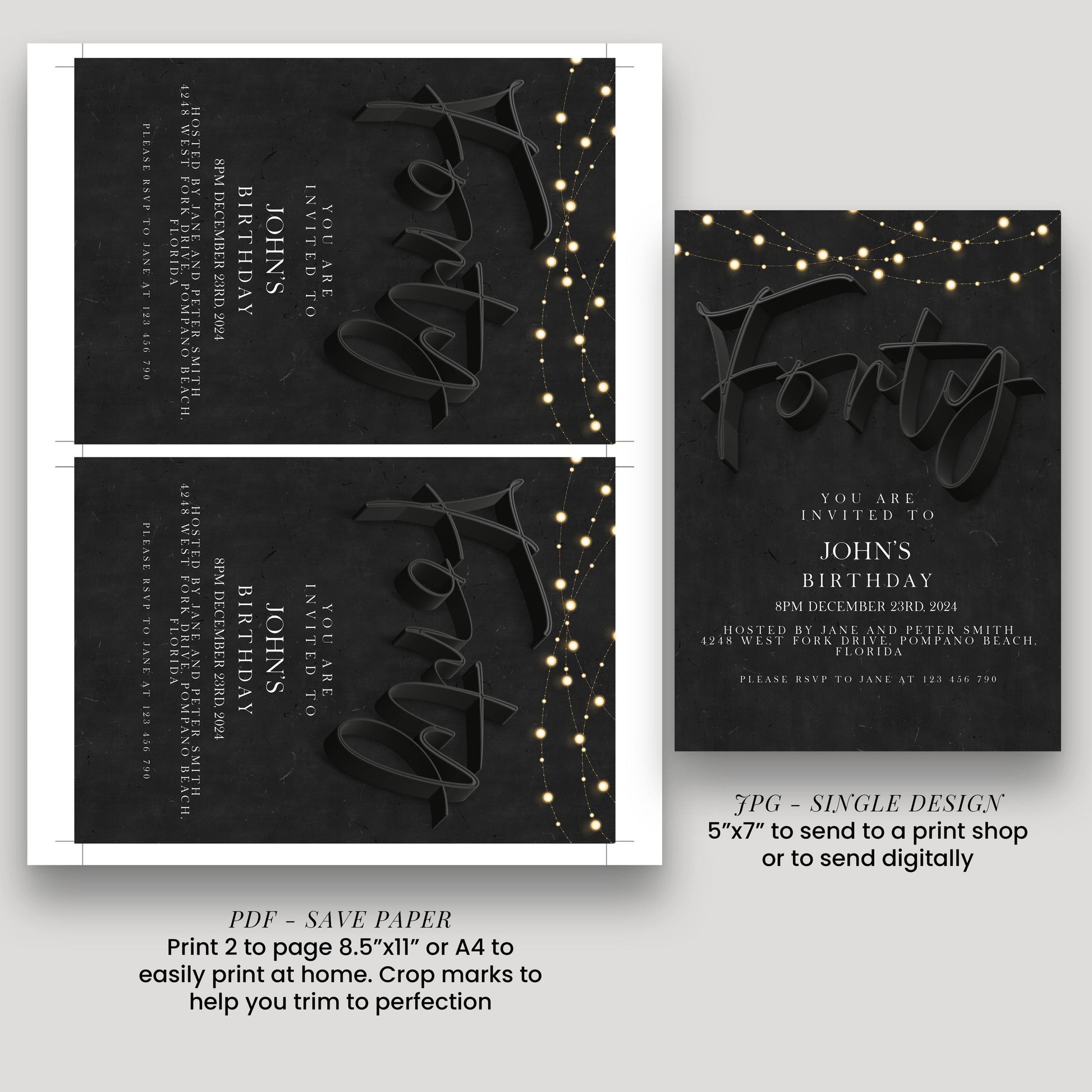 40th Birthday Invitation For Men, Editable Party Invite Template Black Simple Invitation Party Instant Download Printable SE19