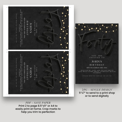 40th Birthday Invitation For Men, Editable Party Invite Template Black Simple Invitation Party Instant Download Printable SE19