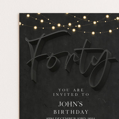 40th Birthday Invitation For Men, Editable Party Invite Template Black Simple Invitation Party Instant Download Printable SE19
