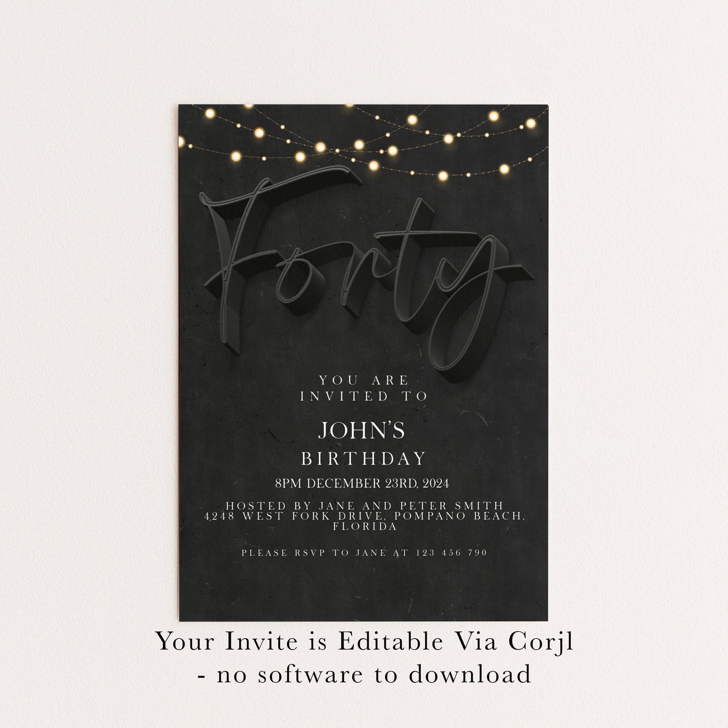 40th Birthday Invitation For Men, Editable Party Invite Template Black Simple Invitation Party Instant Download Printable SE19
