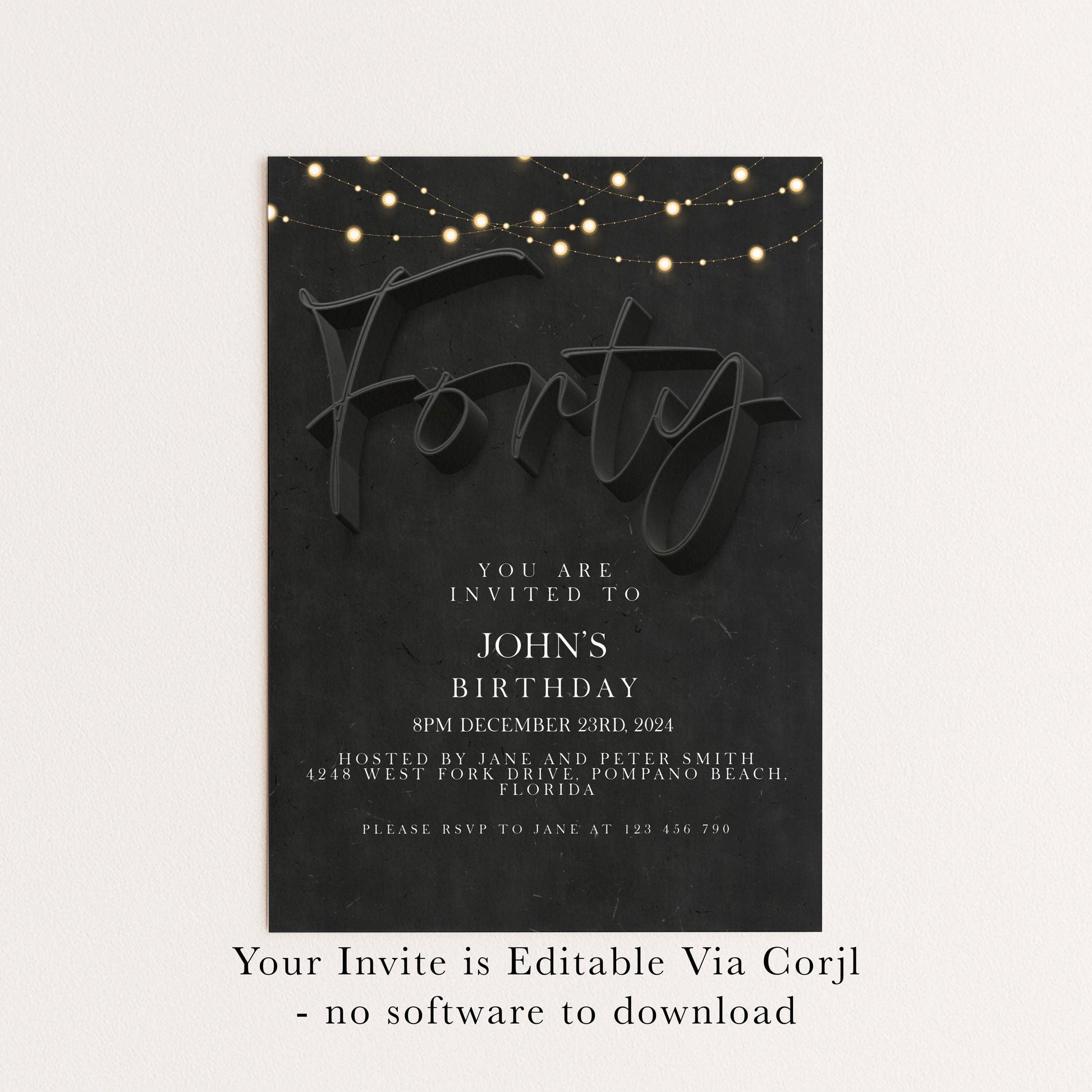 40th Birthday Invitation For Men, Editable Party Invite Template Black Simple Invitation Party Instant Download Printable SE19