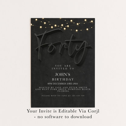 40th Birthday Invitation For Men, Editable Party Invite Template Black Simple Invitation Party Instant Download Printable SE19