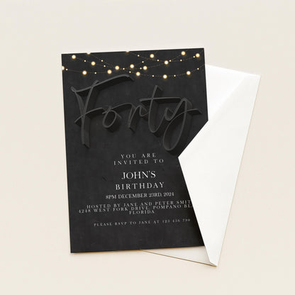 40th Birthday Invitation For Men, Editable Party Invite Template Black Simple Invitation Party Instant Download Printable SE19