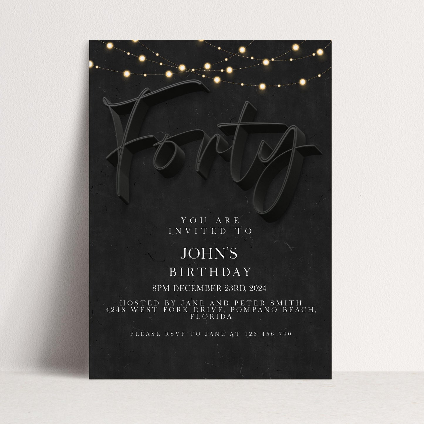 40th Birthday Invitation For Men, Editable Party Invite Template Black Simple Invitation Party Instant Download Printable SE19