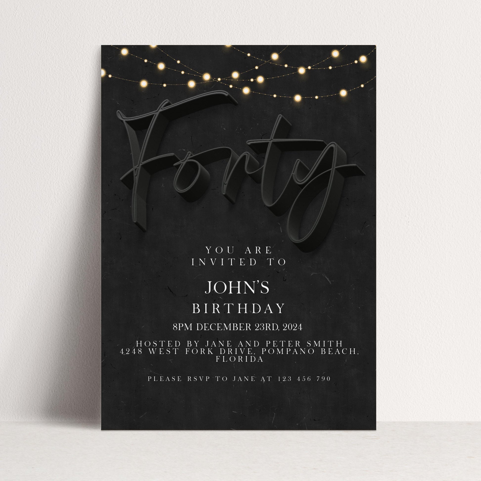 40th Birthday Invitation For Men, Editable Party Invite Template Black Simple Invitation Party Instant Download Printable SE19
