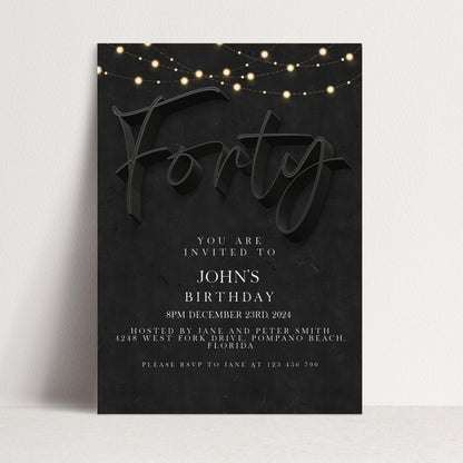 40th Birthday Invitation For Men, Editable Party Invite Template Black Simple Invitation Party Instant Download Printable SE19