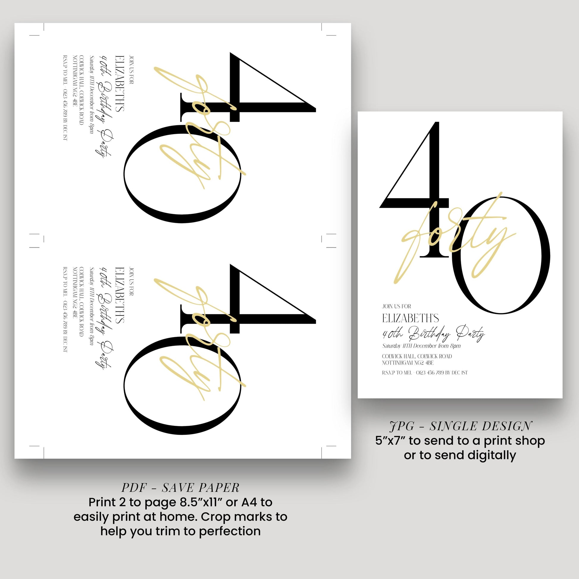 40th Birthday Invitation, Minimalist Forty Party Invite, Editable Template Printable Digital Download